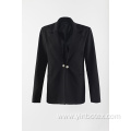 Black woven suit with pearl button